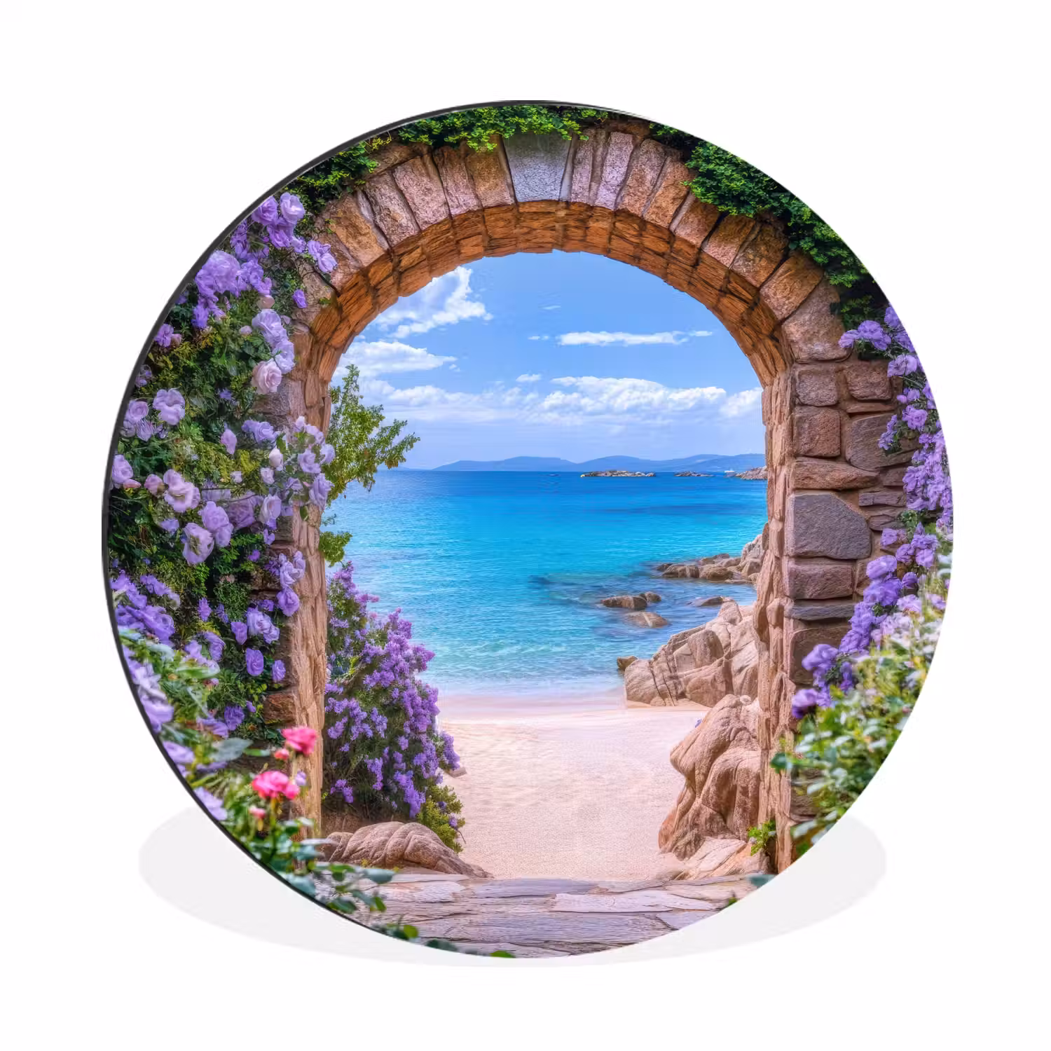 Doorkijk - Poort - Zee - Strand - Rotsen Wandcirkel aluminium klein -3d