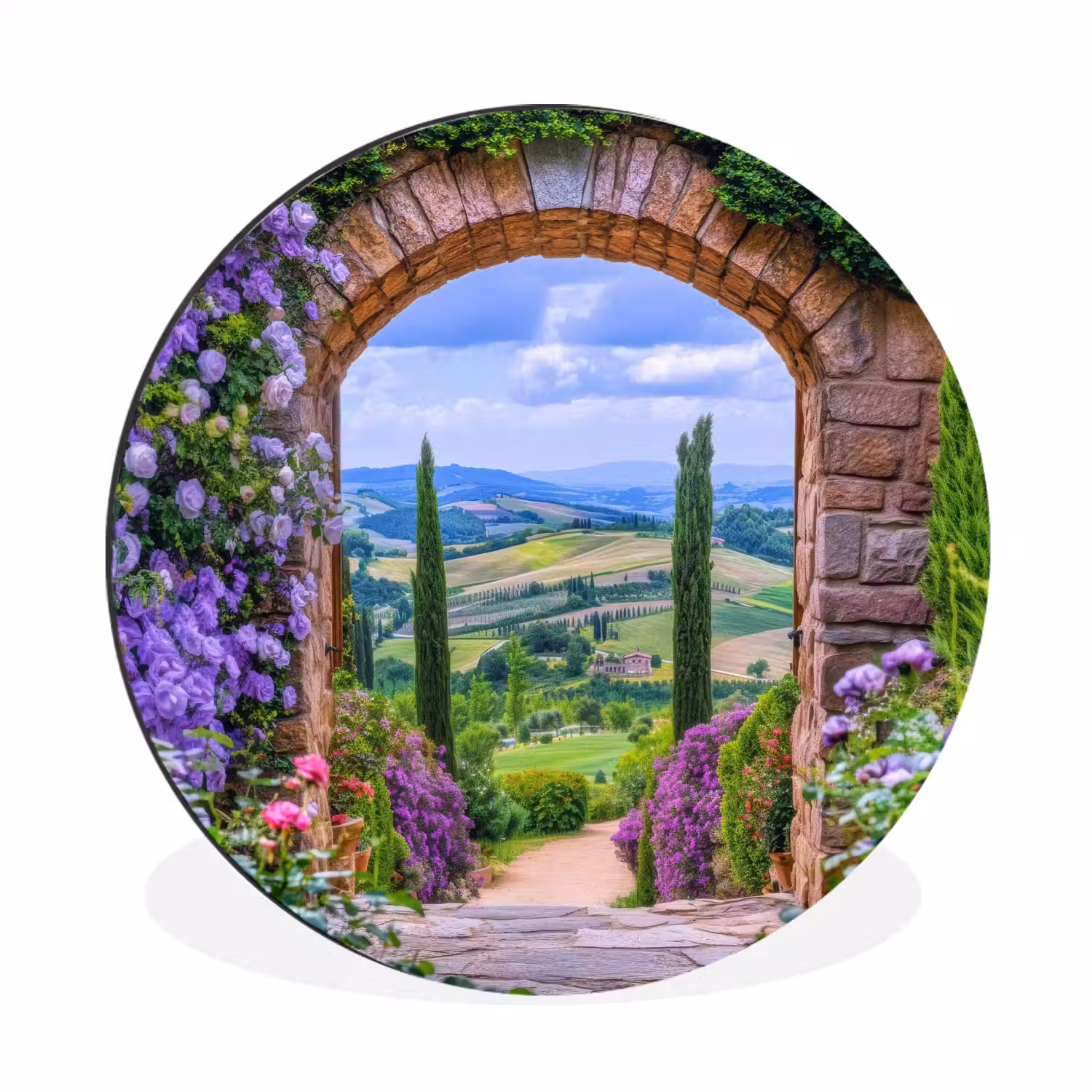 Doorkijk - Toscane - Landschap - Poort Wandcirkel aluminium klein -3d