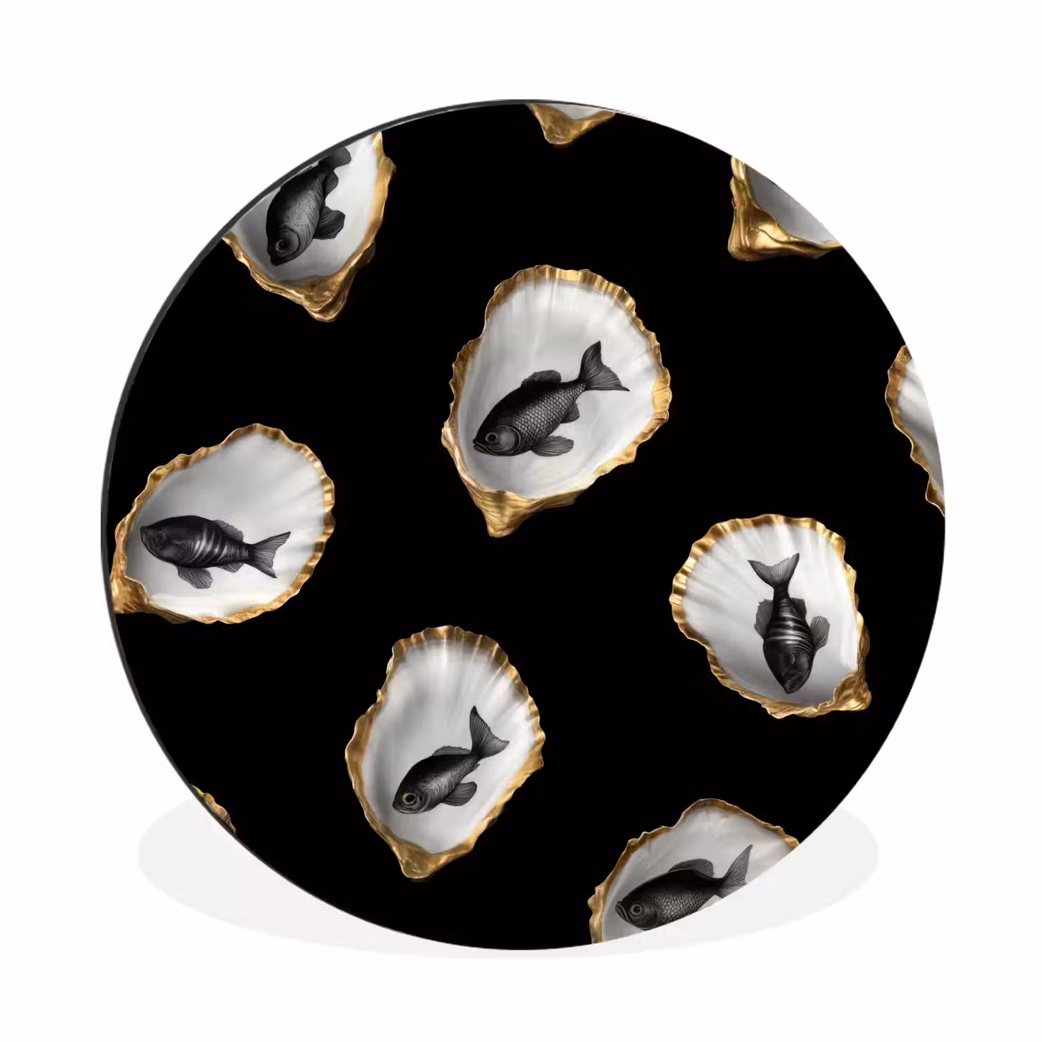 Oesters - Zwart - Vissen - Goud Wandcirkel aluminium klein -3d