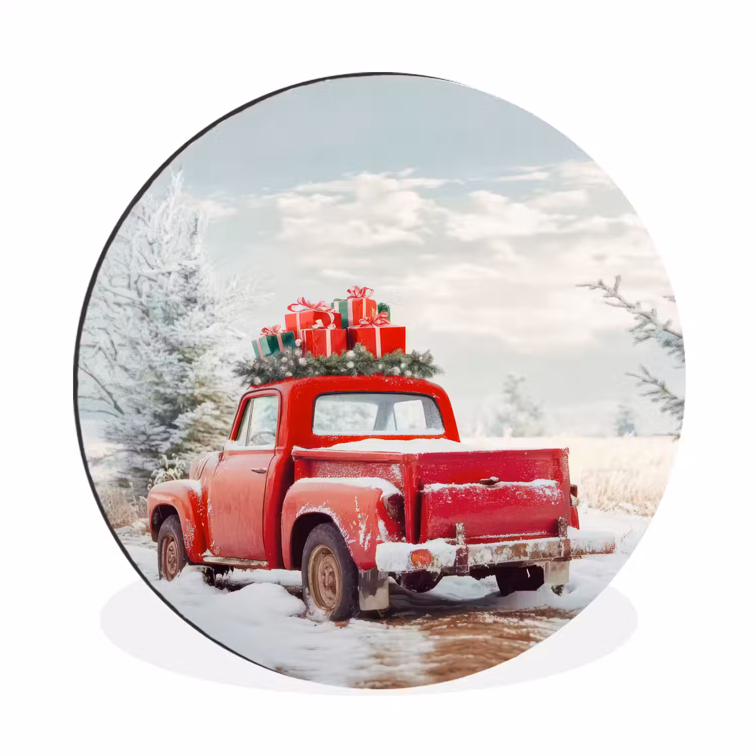 Auto - Rood - Cadeaus - Winter - Sneeuw - Kerst Wandcirkel aluminium klein -3d