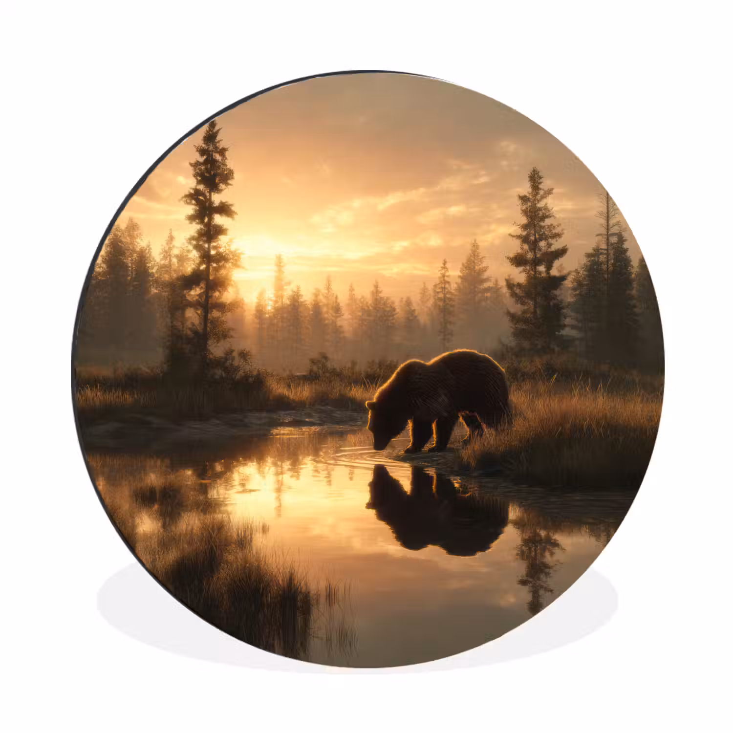Beer - water - Bos - Ochtendlicht Wandcirkel aluminium klein -3d