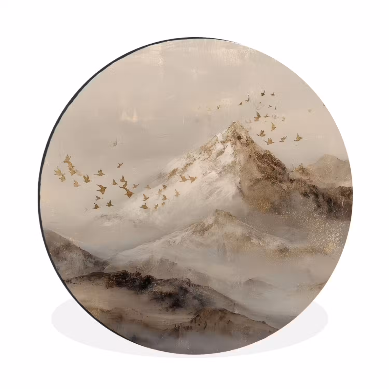 Berglandschap - Mist - Penseelstreken Wandcirkel aluminium klein -3d