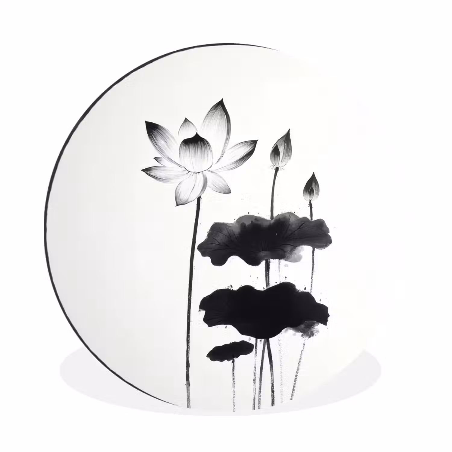 Bladeren - Zwart - Lotusbloem - Minimalitisch Wandcirkel aluminium klein -3d
