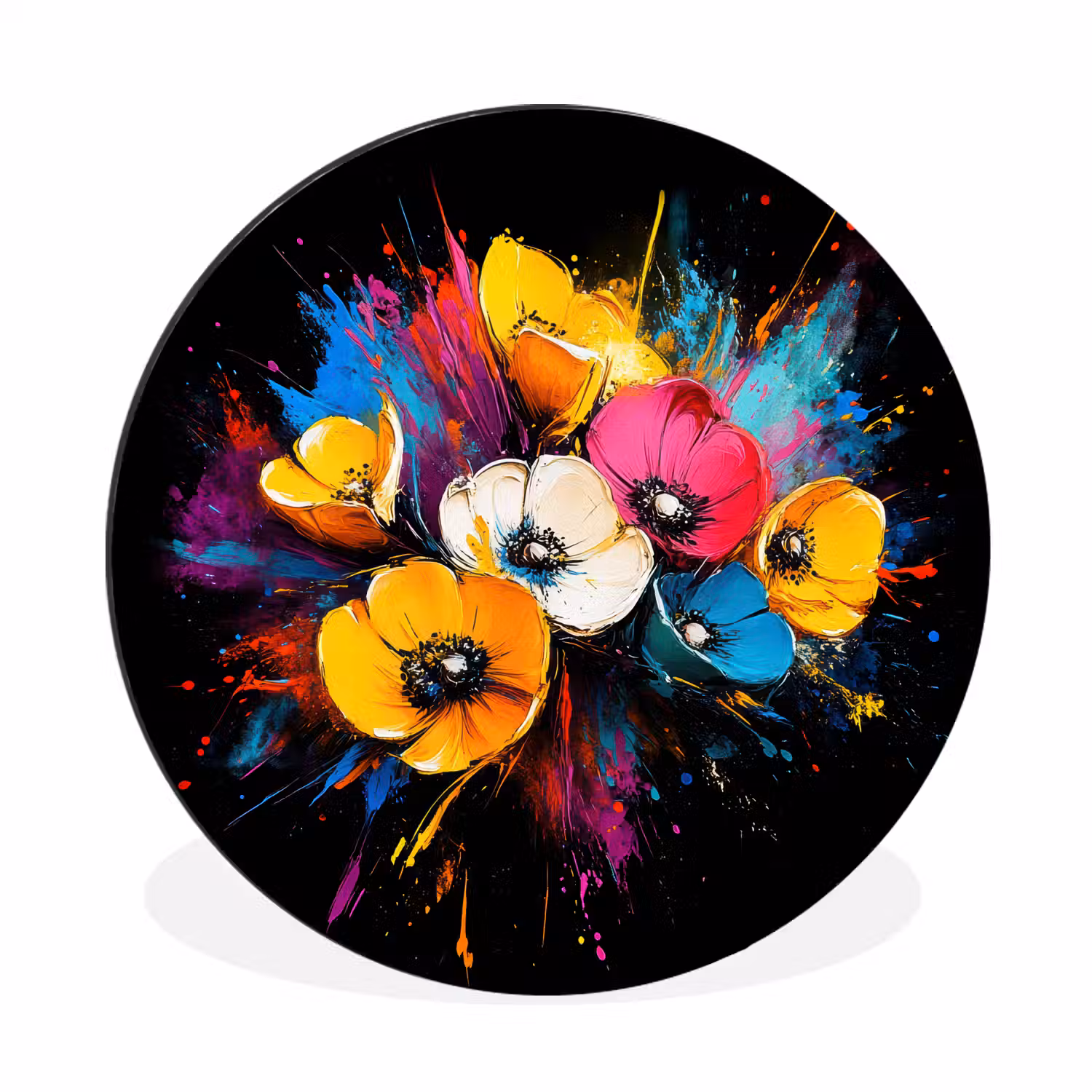 Bloemen - Kleurrijk - Graffiti - Modern - Boeket Wandcirkel aluminium klein -3d