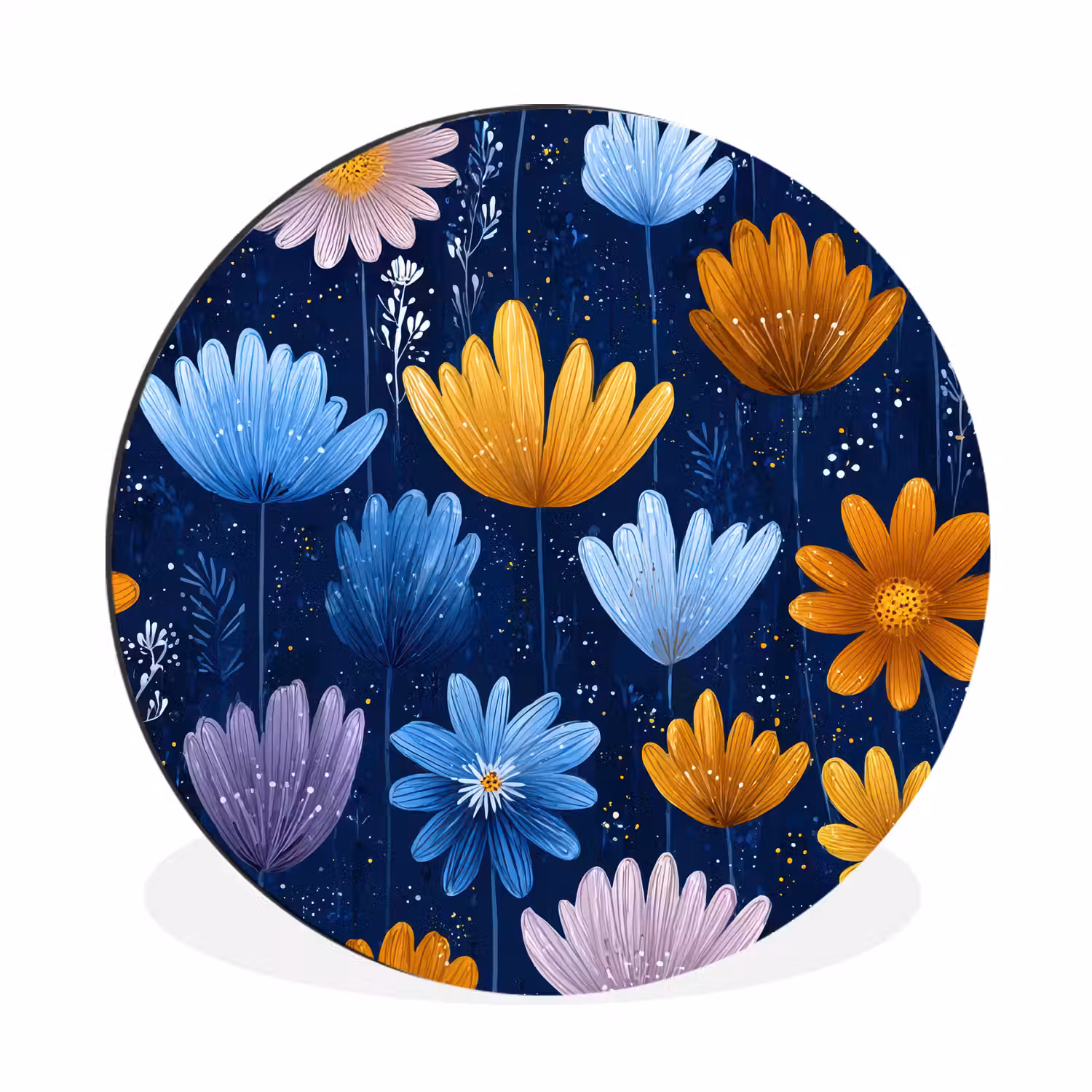 Bloemen - Patroon - Blauw - Contrast Wandcirkel aluminium klein -3d