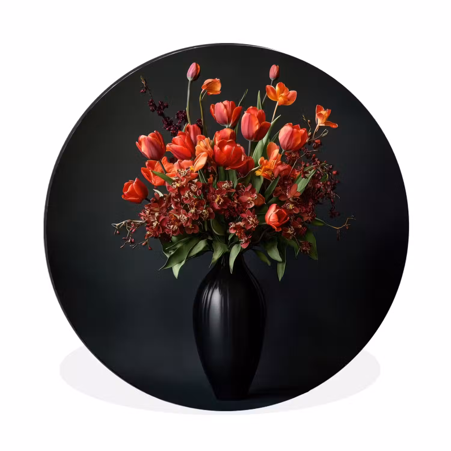 Boeket - Tulpen - Vaas - Rood Wandcirkel aluminium klein -3d