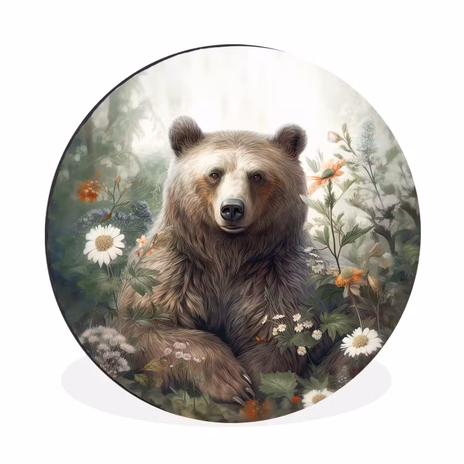 Bruine beer - Wilde dieren - Bloemen - Planten Wandcirkel aluminium klein -3d