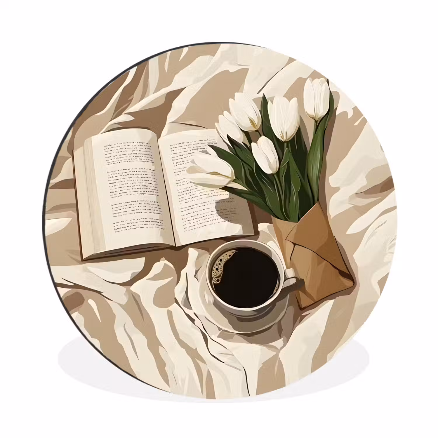Boek - Illustratie - Tulpen - Koffie Wandcirkel aluminium klein -3d