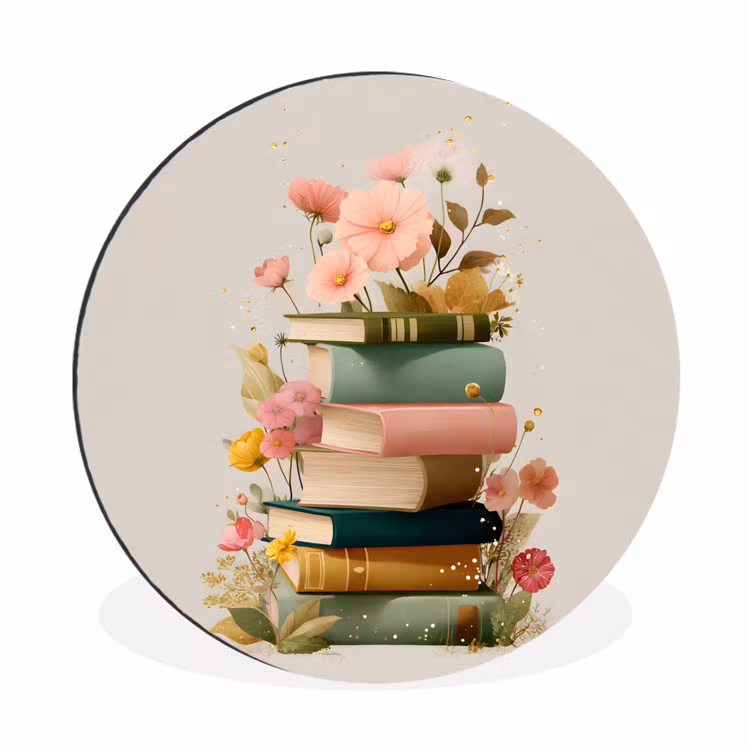Boeken - Stapel - Bloemen - Kleurrijk Wandcirkel aluminium klein -3d
