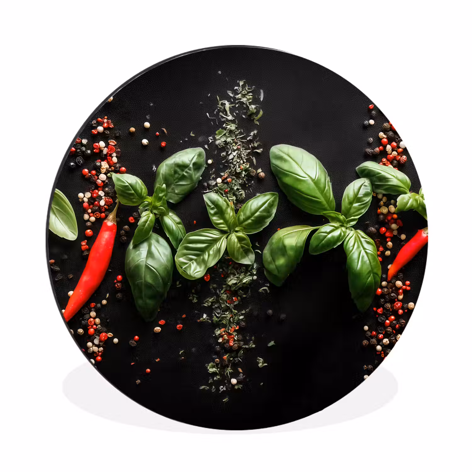 Chilipepers - Basilicum - Blaadjes - Rood Wandcirkel aluminium klein -3d