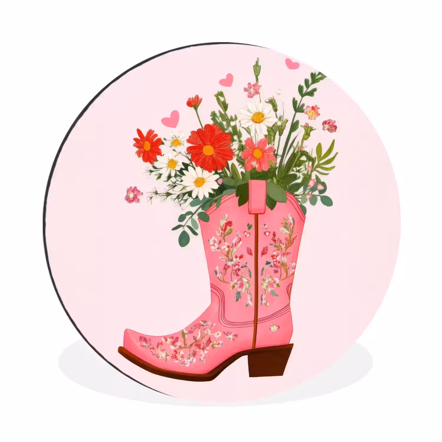 Cowboylaarzen - Roze - Boeket - Bloemen Wandcirkel aluminium klein -3d