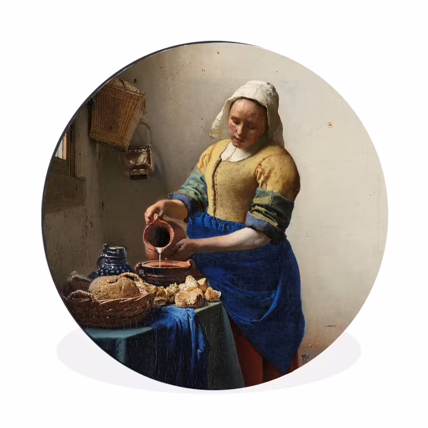 Het melkmeisje - Schilderij van Johannes Vermeer Wandcirkel aluminium klein -3d