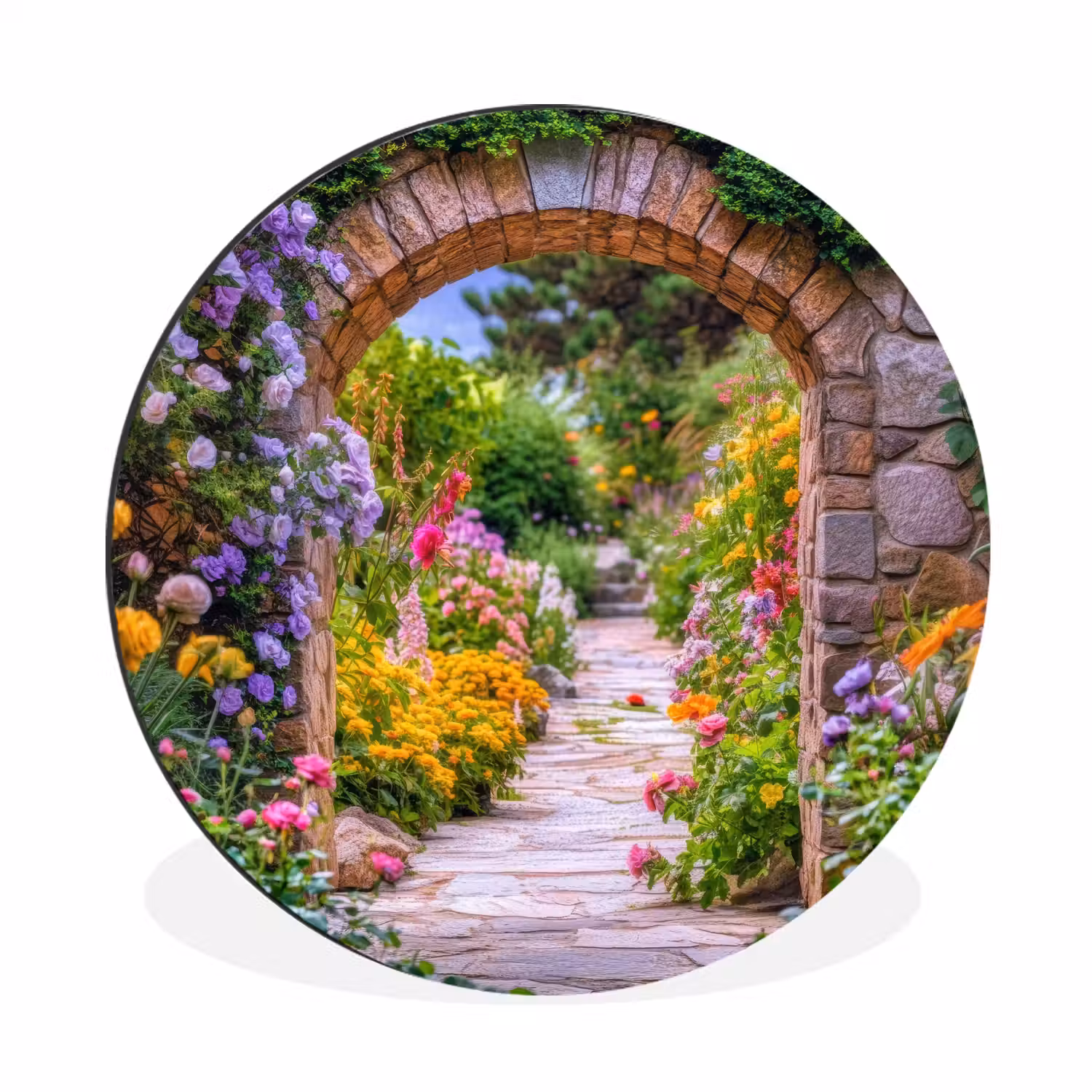 Doorkijk - Bloemen - Pad - Natuur Wandcirkel aluminium klein -3d