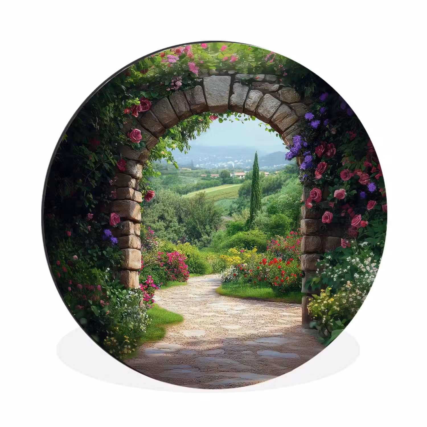 Doorkijk - Landschap - Bloemen - Pad - Uitzicht Wandcirkel aluminium klein -3d
