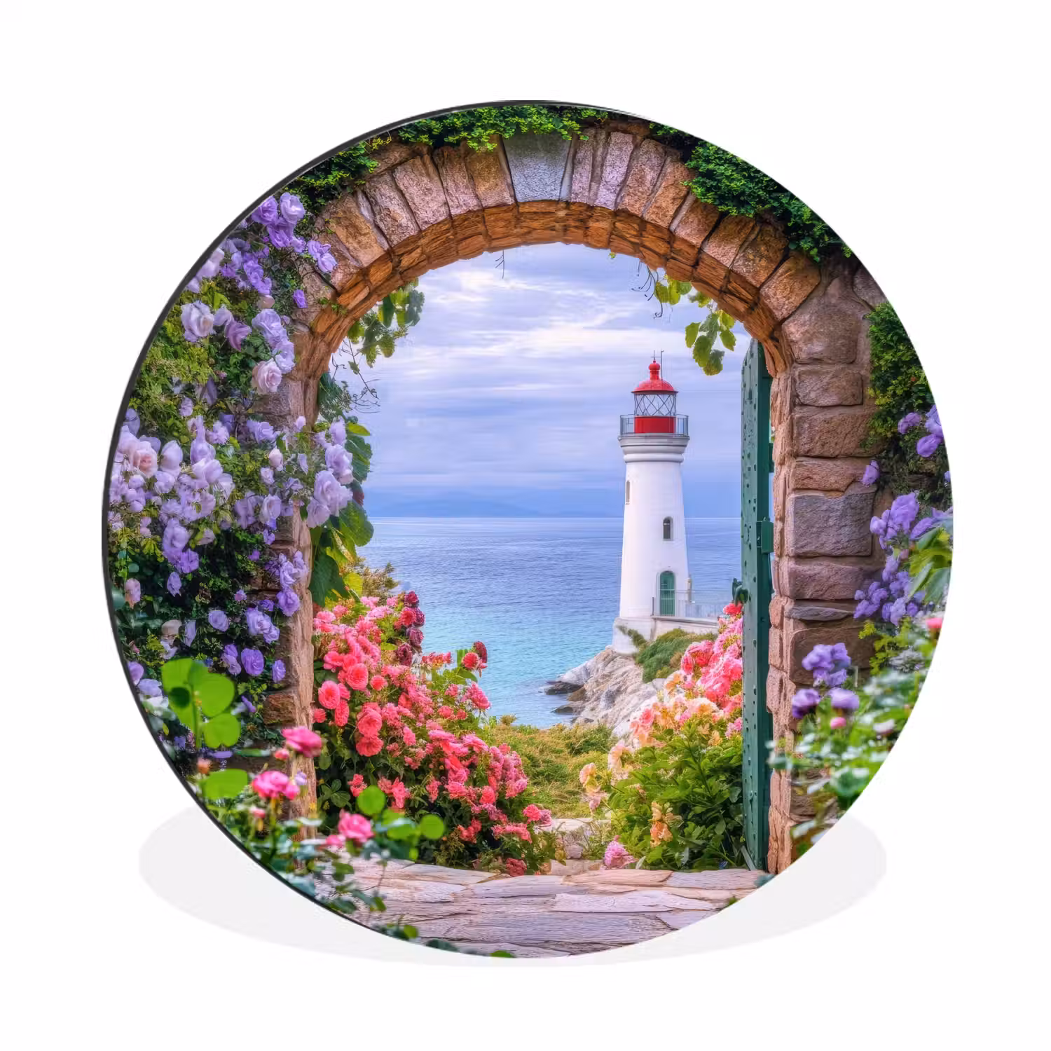 Doorkijk - Vuurtoren - Bloemen - Uitzicht Wandcirkel aluminium klein -3d