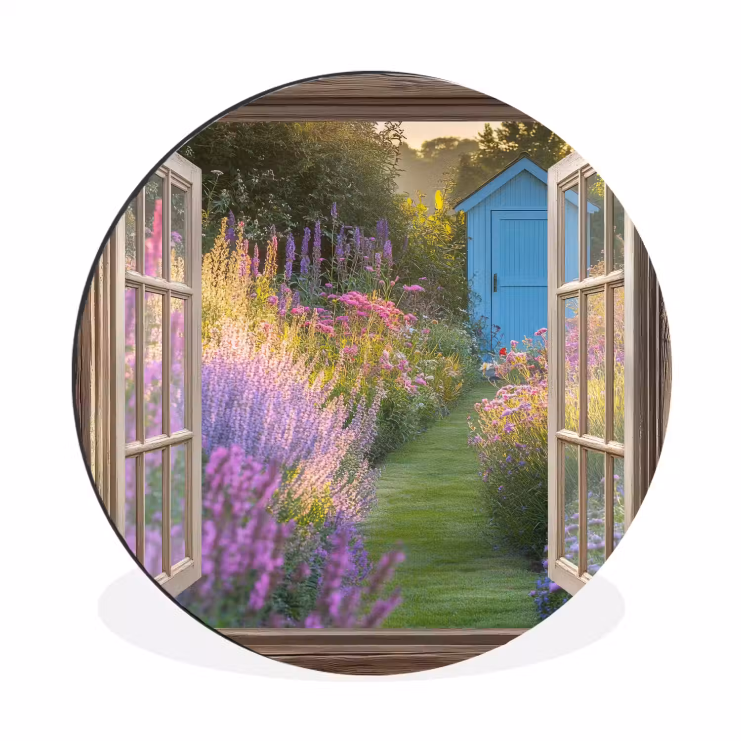 Doorkijk - Bloemen - Raam - Natuur Wandcirkel aluminium klein -3d