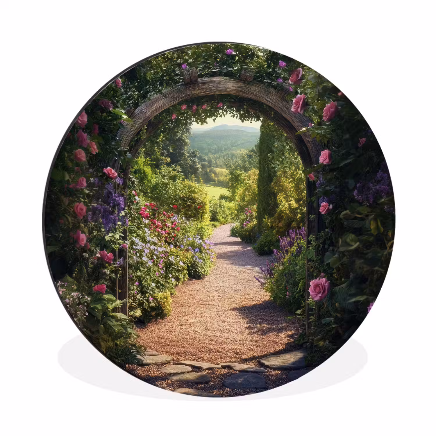 Doorkijk - Bloemen - Natuur - Rozenboog Wandcirkel aluminium klein -3d