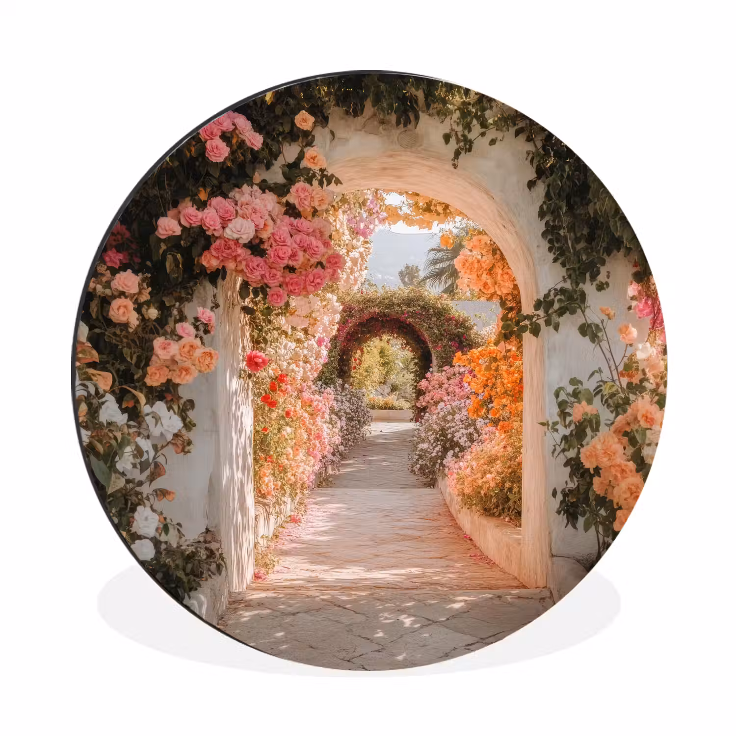 Doorkijk - Boog - Bloemen - Pastel Wandcirkel aluminium klein -3d