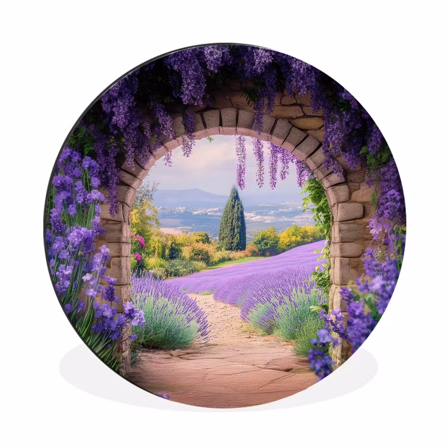 Doorkijk - Lavendel - Bloemen - Paars - Poort Wandcirkel aluminium klein -3d