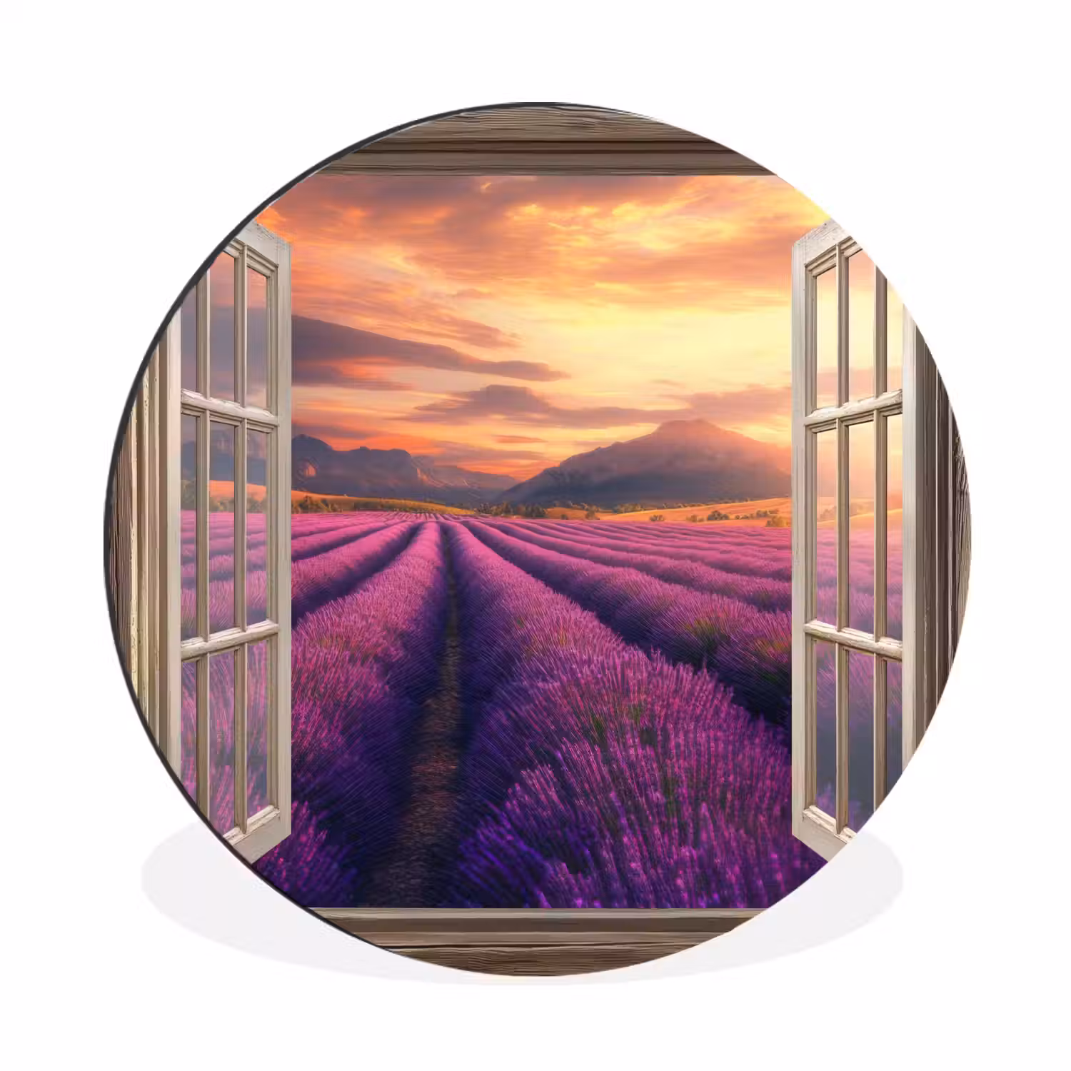 Doorkijk - Lavendel - Landschap - Bloemen - Paars Wandcirkel aluminium klein -3d
