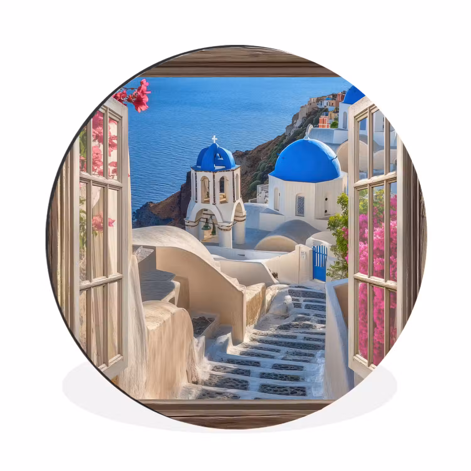 Doorkijk - Santorini - Landschap - Blauw - Grieks Wandcirkel aluminium klein -3d