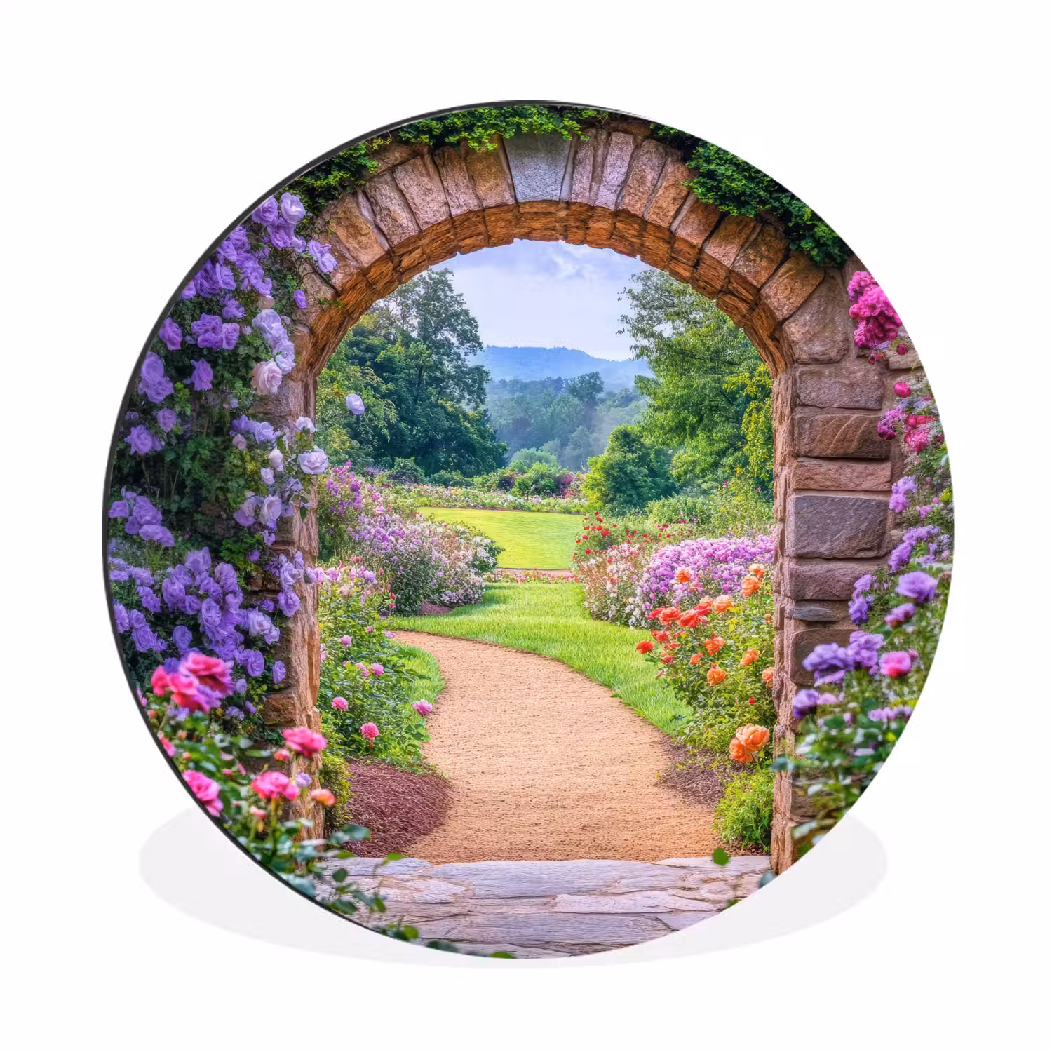 Doorkijk - Poort - Bloemen - Tuin Wandcirkel aluminium klein -3d