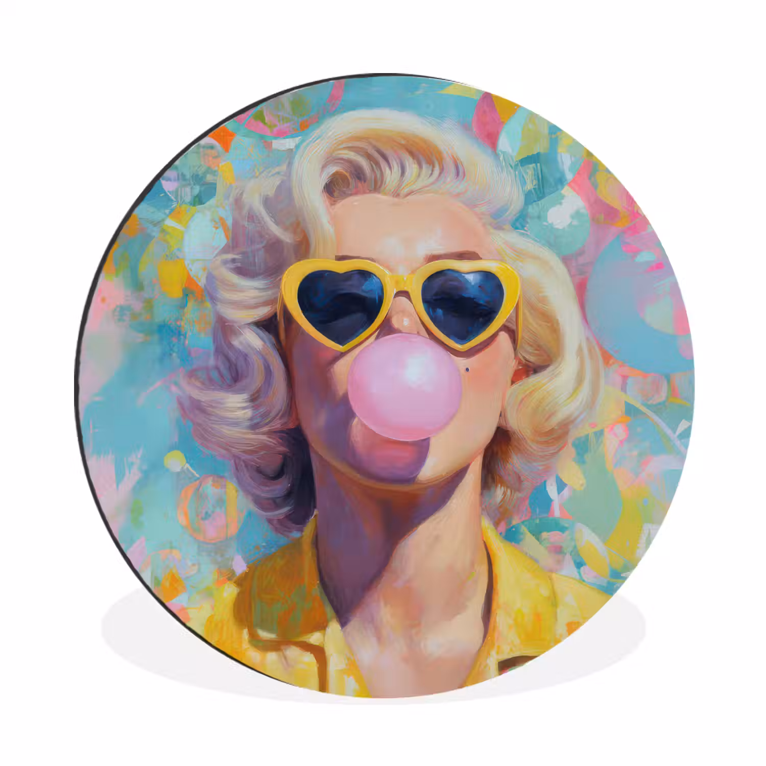 Vrouw - Blond - Roze kauwgom - Kleurrijk - Pastel Wandcirkel aluminium klein -3d