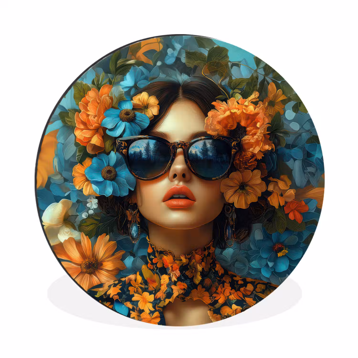 Vrouw - Bloemen - Oranje - Blauw - Modern Wandcirkel aluminium klein -3d