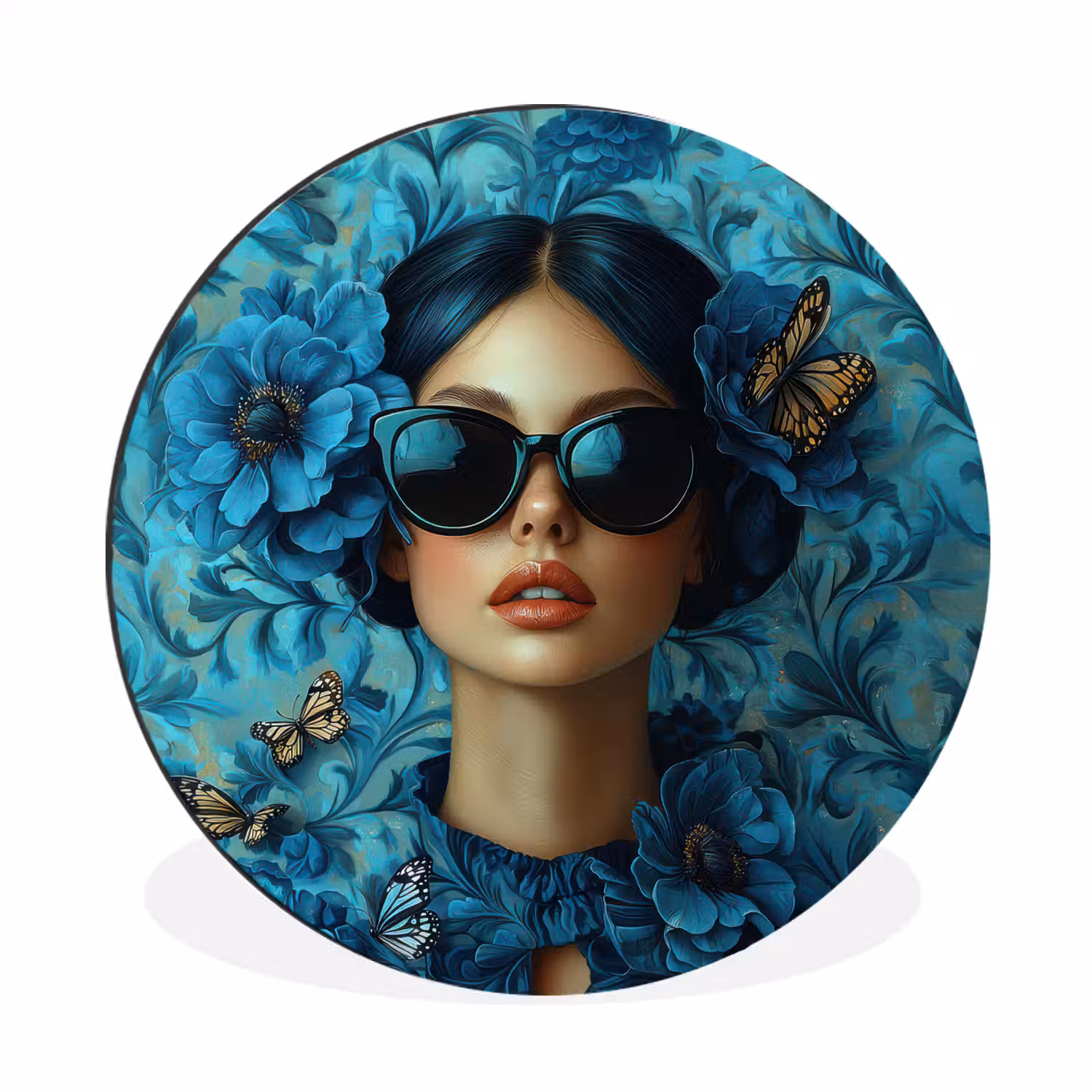Vrouw - Bloemen - Vlinders - Blauw - Abstract Wandcirkel aluminium klein -3d