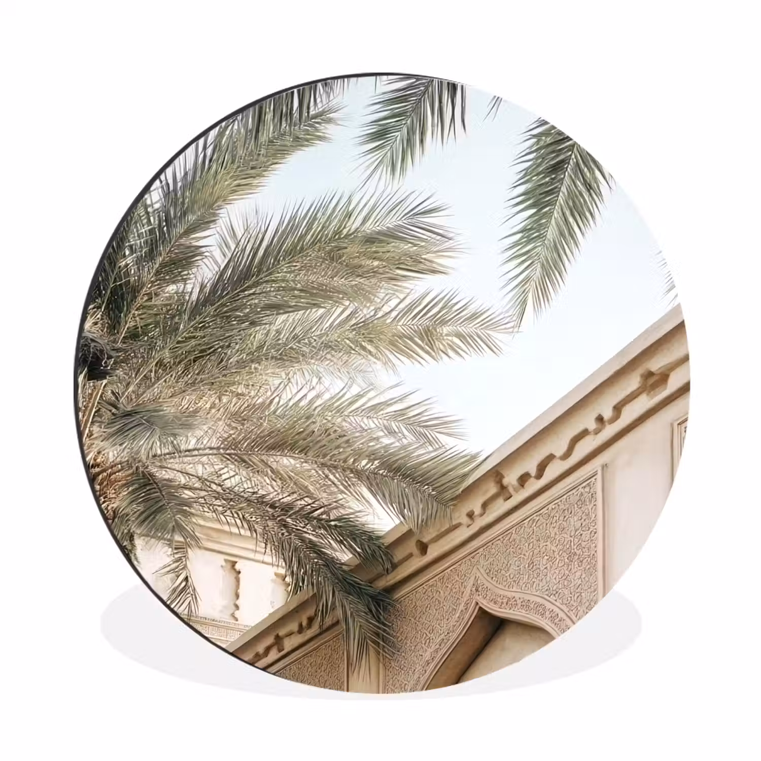 Gebouw - Palmbomen - Beige - Zon Wandcirkel aluminium klein -3d