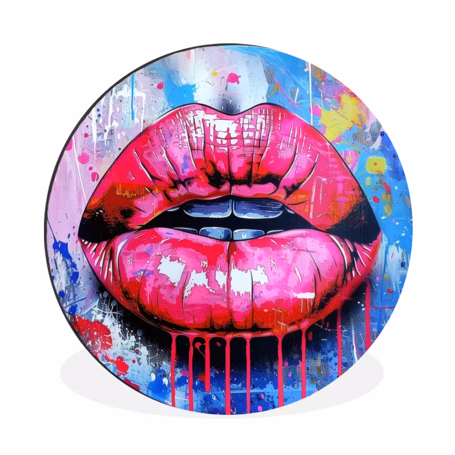 Graffiti - Lippen - Felroze - Geschilderd Wandcirkel aluminium klein -3d