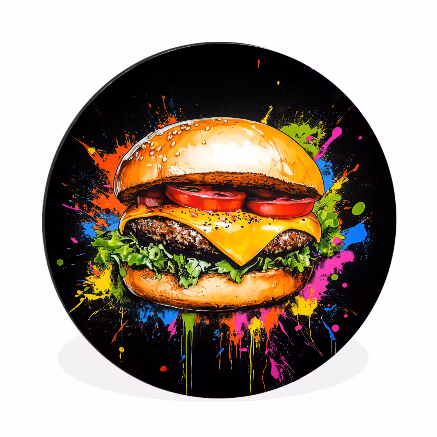 Hamburger - Graffiti - Verf - Kleurrijk - Eten - Abstract Wandcirkel aluminium klein -3d