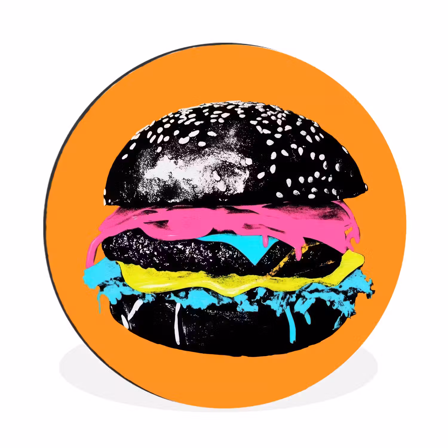 Hamburger - Oranje - Neon - popart Wandcirkel aluminium klein -3d