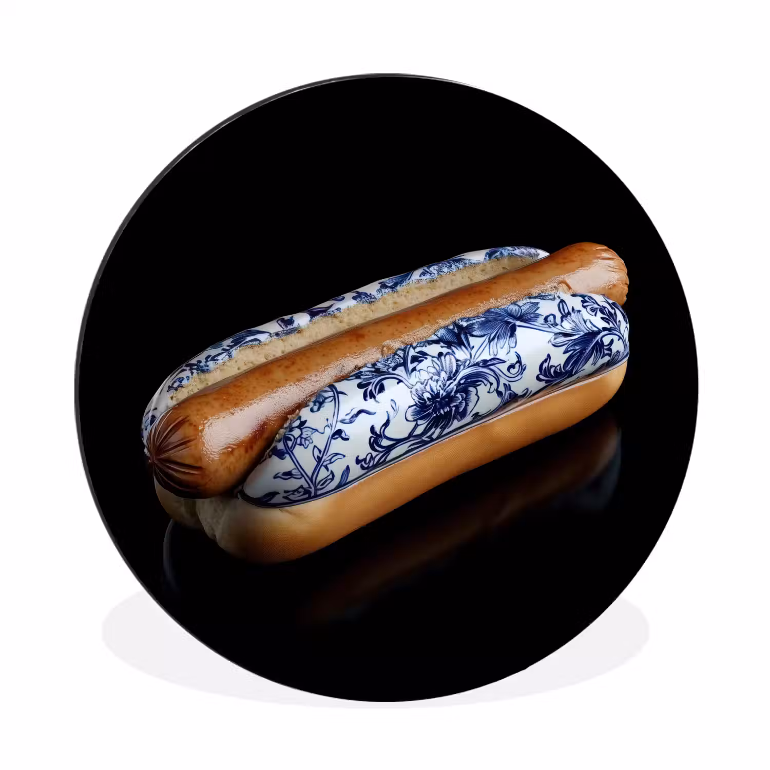 Hotdog - Porselein - Delfts blauw - Eten Wandcirkel aluminium klein -3d