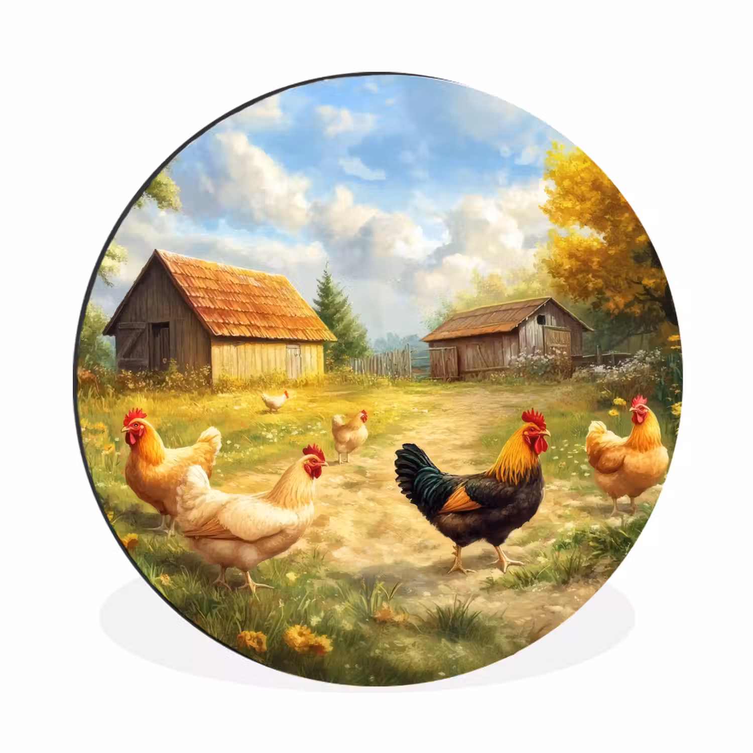 Kippen - Landelijke rust - Natuur Wandcirkel aluminium klein -3d