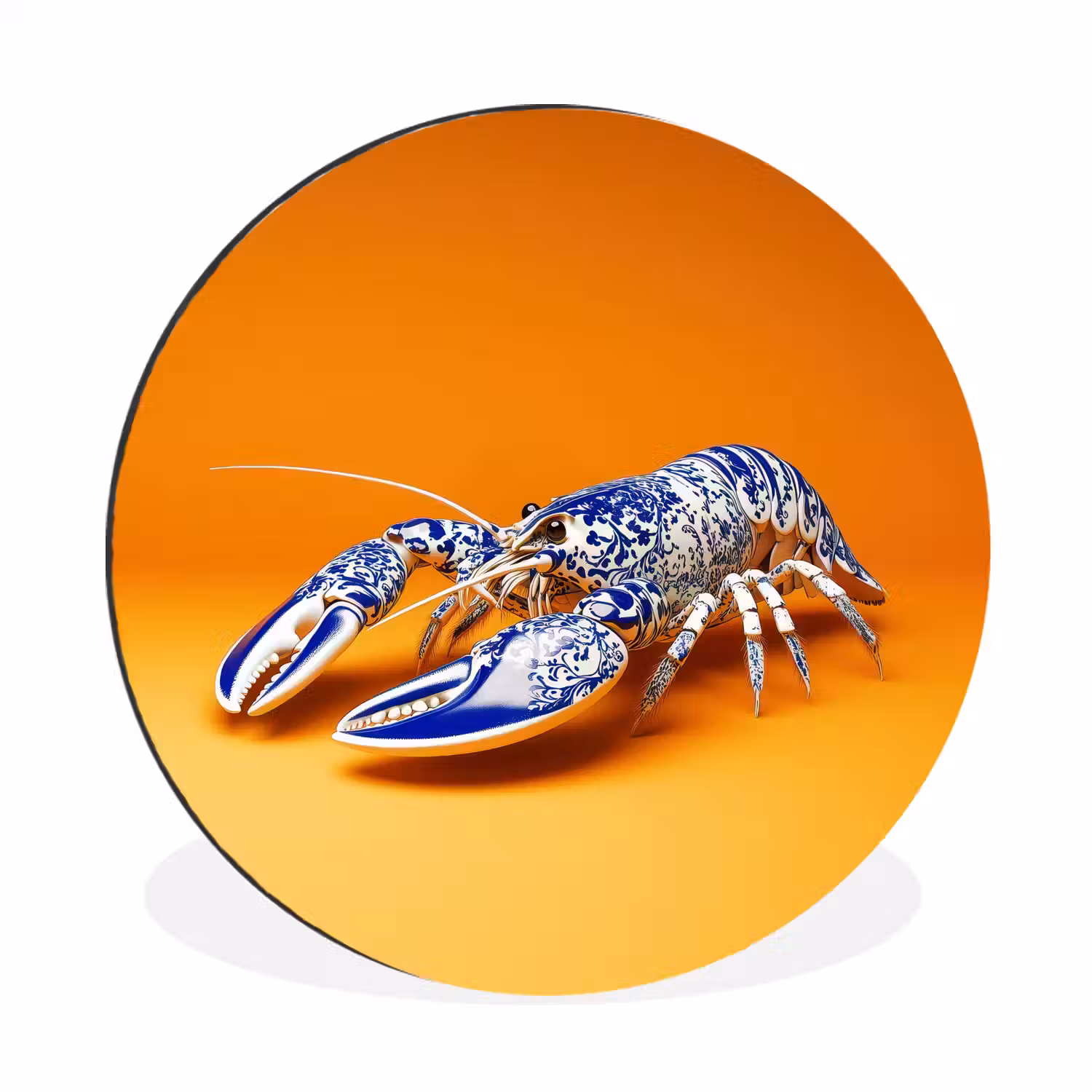 Kreeft - Delftsblauw - Schild - Stoer - Oranje Wandcirkel aluminium klein -3d