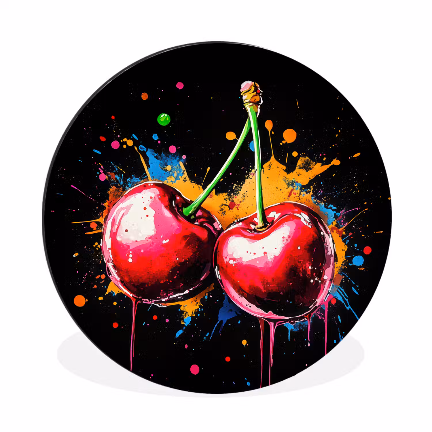Kersen - Fruit - Graffiti - Verf - Abstract - Modern - Kleurrijk Wandcirkel aluminium klein -3d