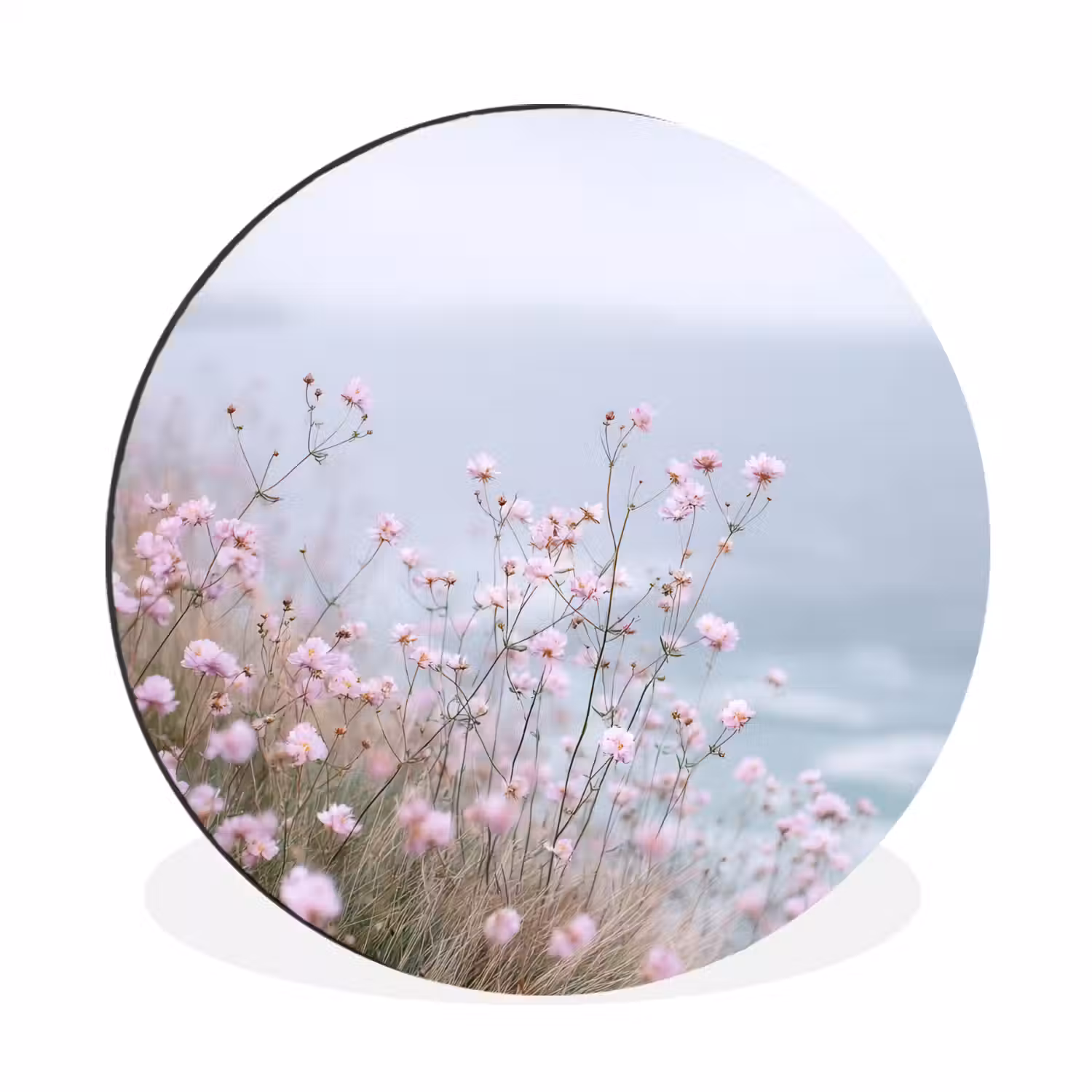 Klif - Bloemen - Zee - Roze Wandcirkel aluminium klein -3d