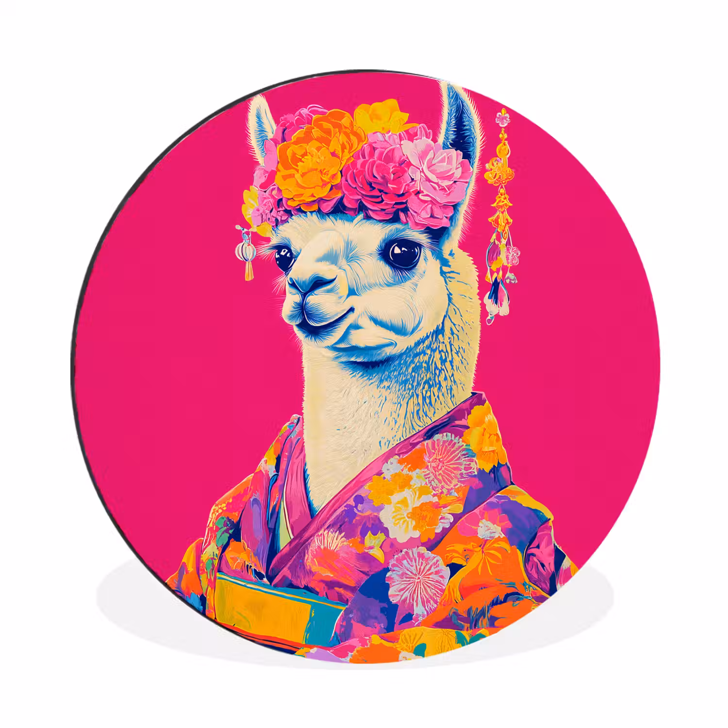 Lama - Kimono - Bloemenkrans - Felroze Wandcirkel aluminium klein -3d
