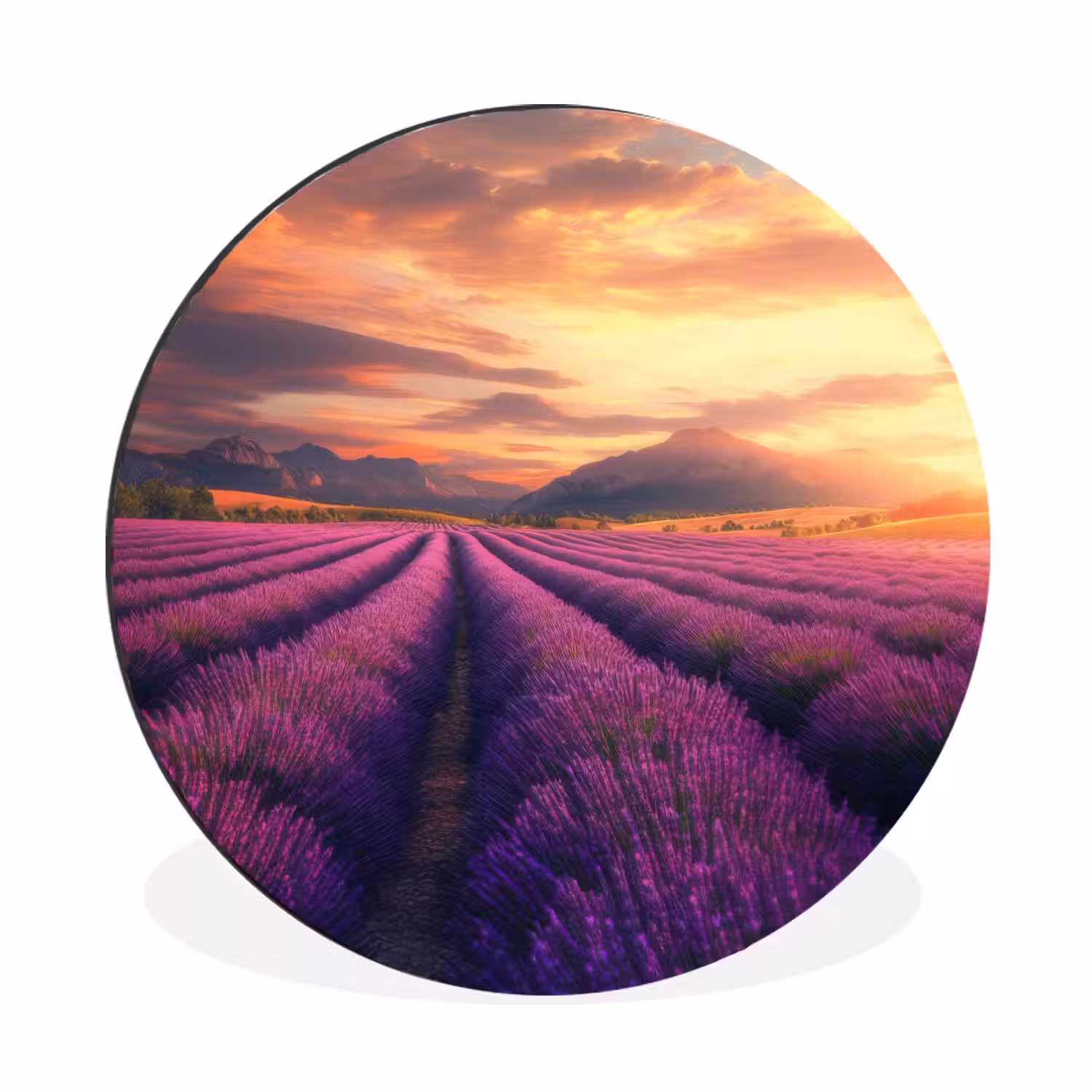 Lavendelveld - Zonsondergang - Paars Wandcirkel aluminium klein -3d