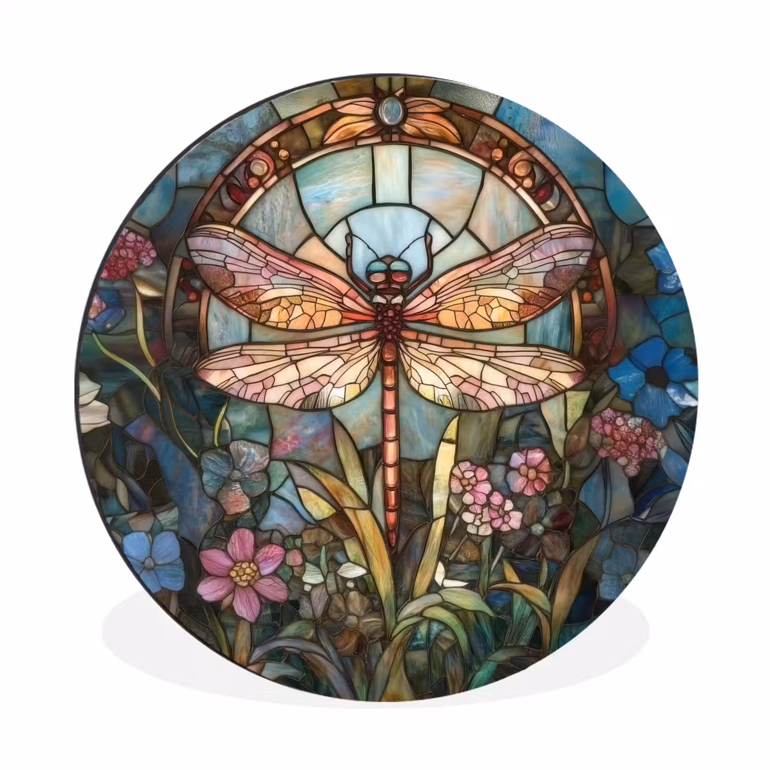 Libelle - Mozaïek - Bloemen - Kleurrijk Wandcirkel aluminium klein -3d