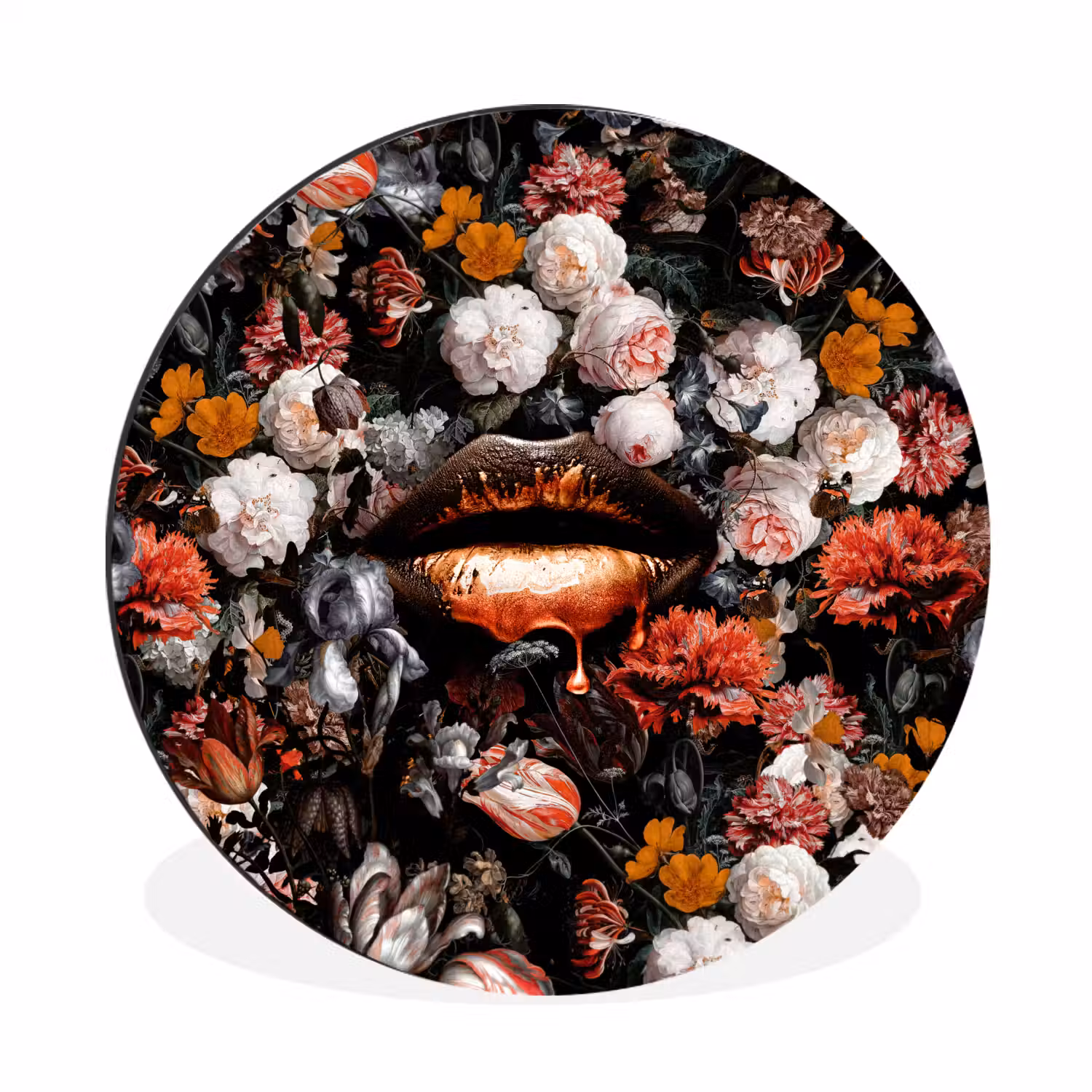 Lippen - Bloemen - Verf - Oranje - Kunst - Abstract - Oude meesters Wandcirkel aluminium klein -3d