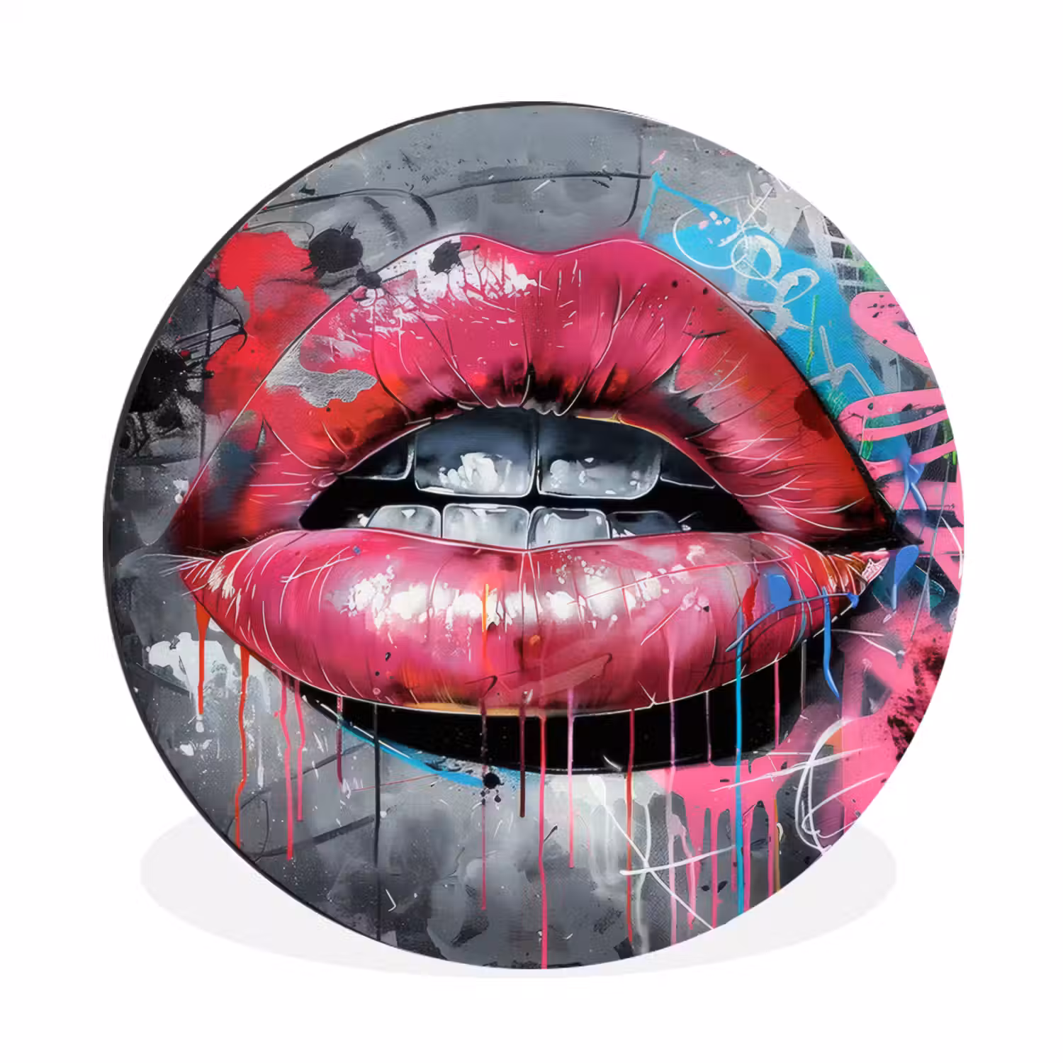 Lippen - Felroze - Graffiti - Verfstrepen Wandcirkel aluminium klein -3d