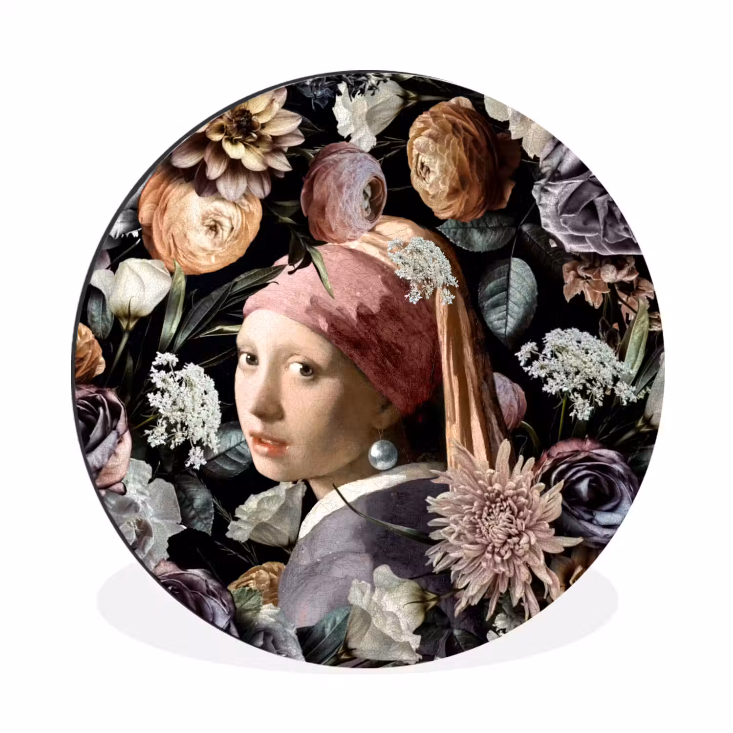 Meisje met de parel - Bloemen - Vermeer - Pastel - Kunstwerk - Schilderij - Oude meesters Wandcirkel aluminium klein -3d
