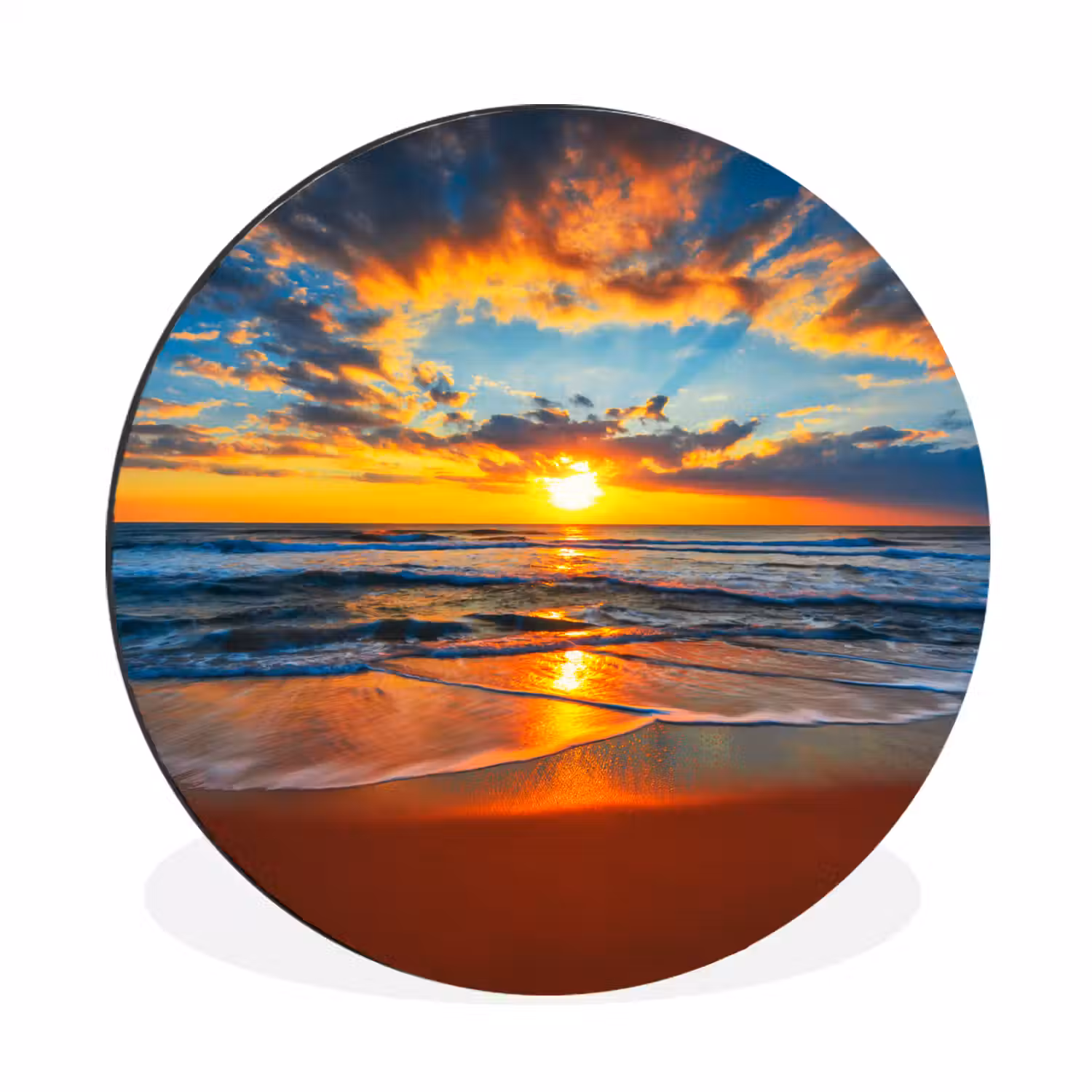 Zee - Zonsondergang - Strand - Wolken - Oranje Wandcirkel aluminium klein -3d