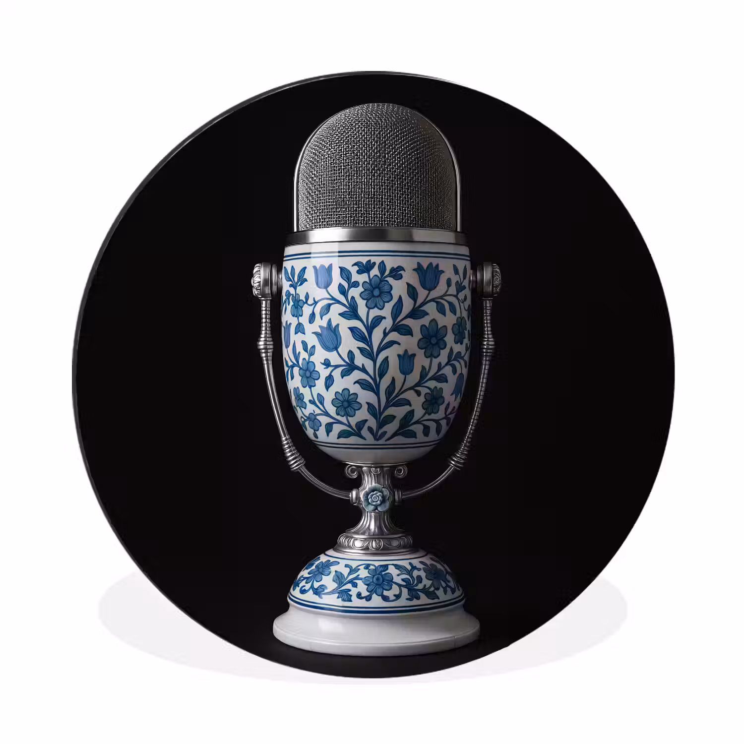 Microfoon - Delfts blauw - Muziek Wandcirkel aluminium klein -3d