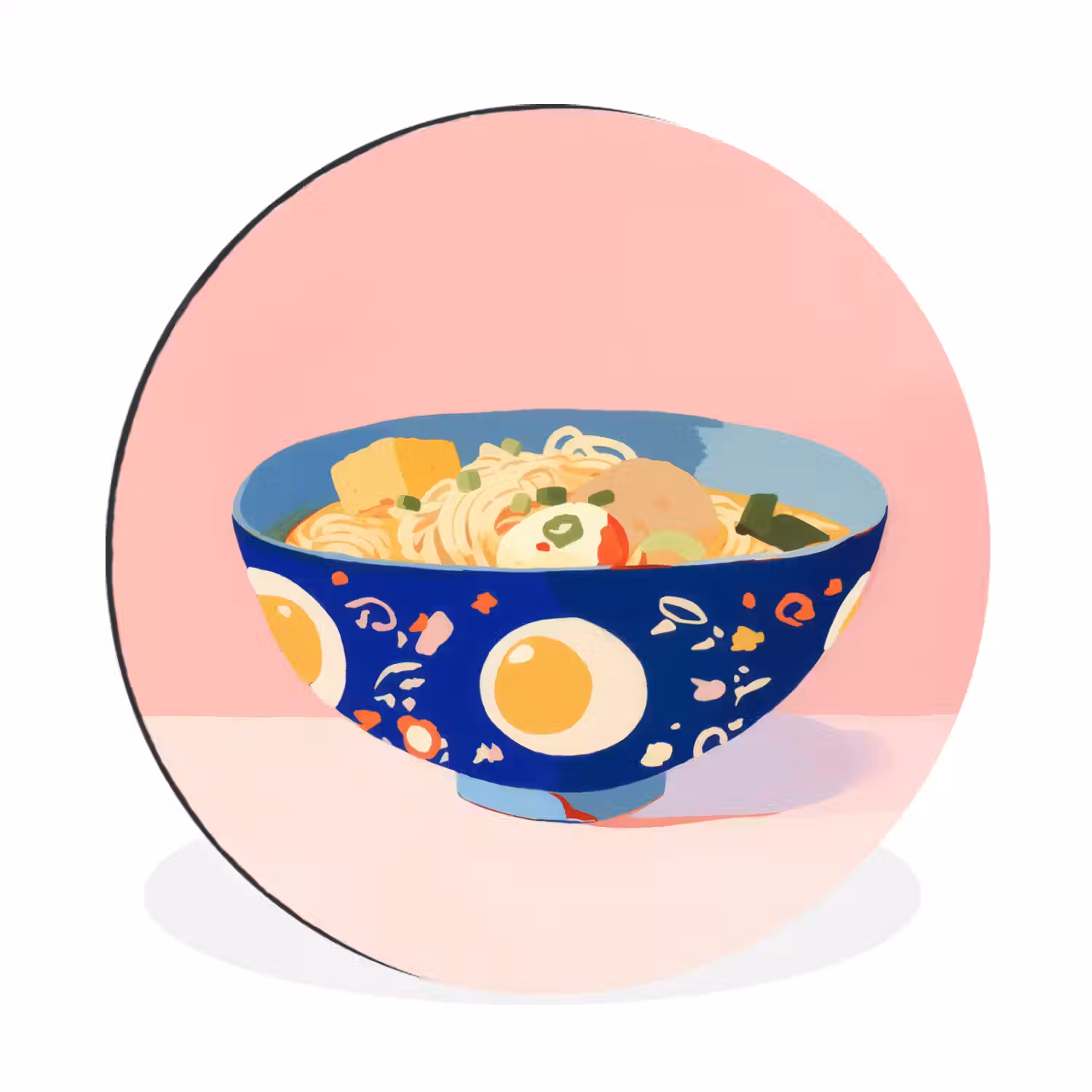 Noodles - Kom - Blauw - Illustratie Wandcirkel aluminium klein -3d