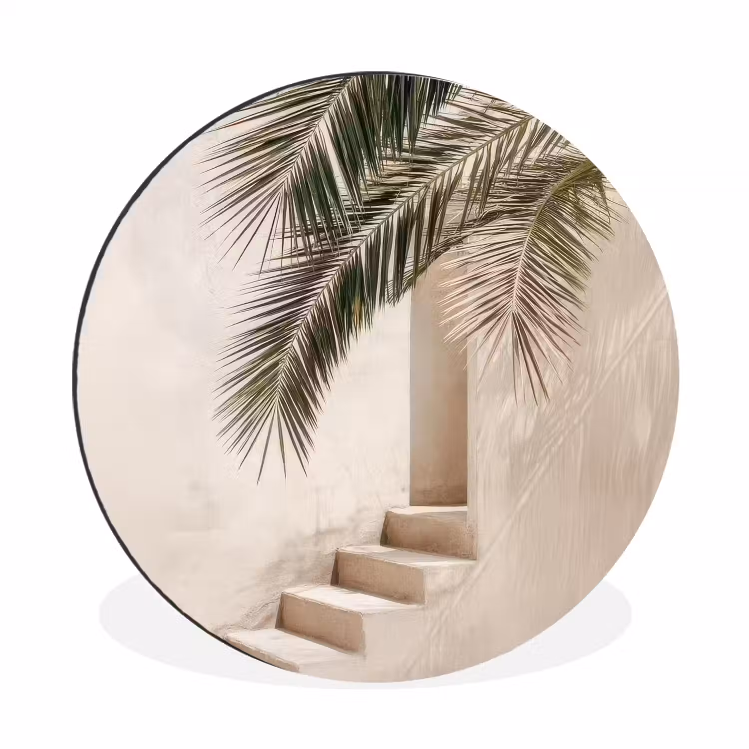 Palmboom - Schaduw - Trap - Beige Wandcirkel aluminium klein -3d
