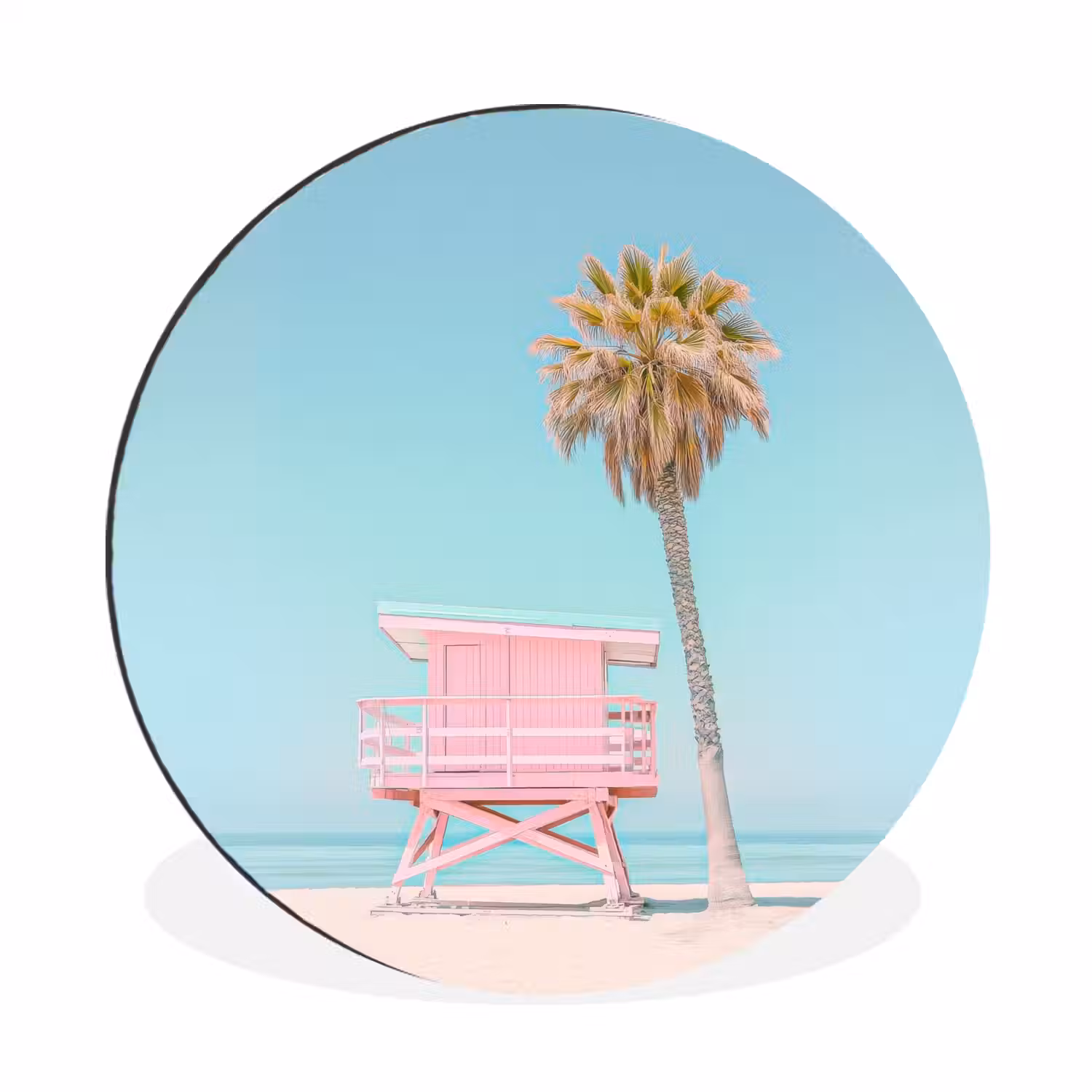 Palmboom - Strandhuis - Roze Wandcirkel aluminium klein -3d