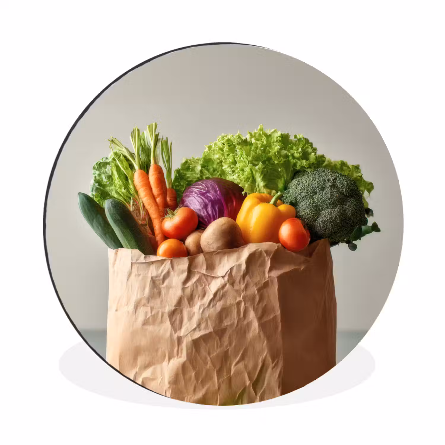 Papieren - Boodschappen - Groente - Kleurrijk Wandcirkel aluminium klein -3d
